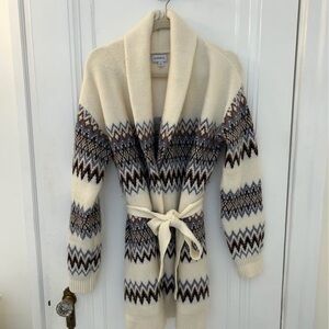 Evereve Cream Fair Isle Shawl Collar Belted Cardigan with Brown & Blue Accents